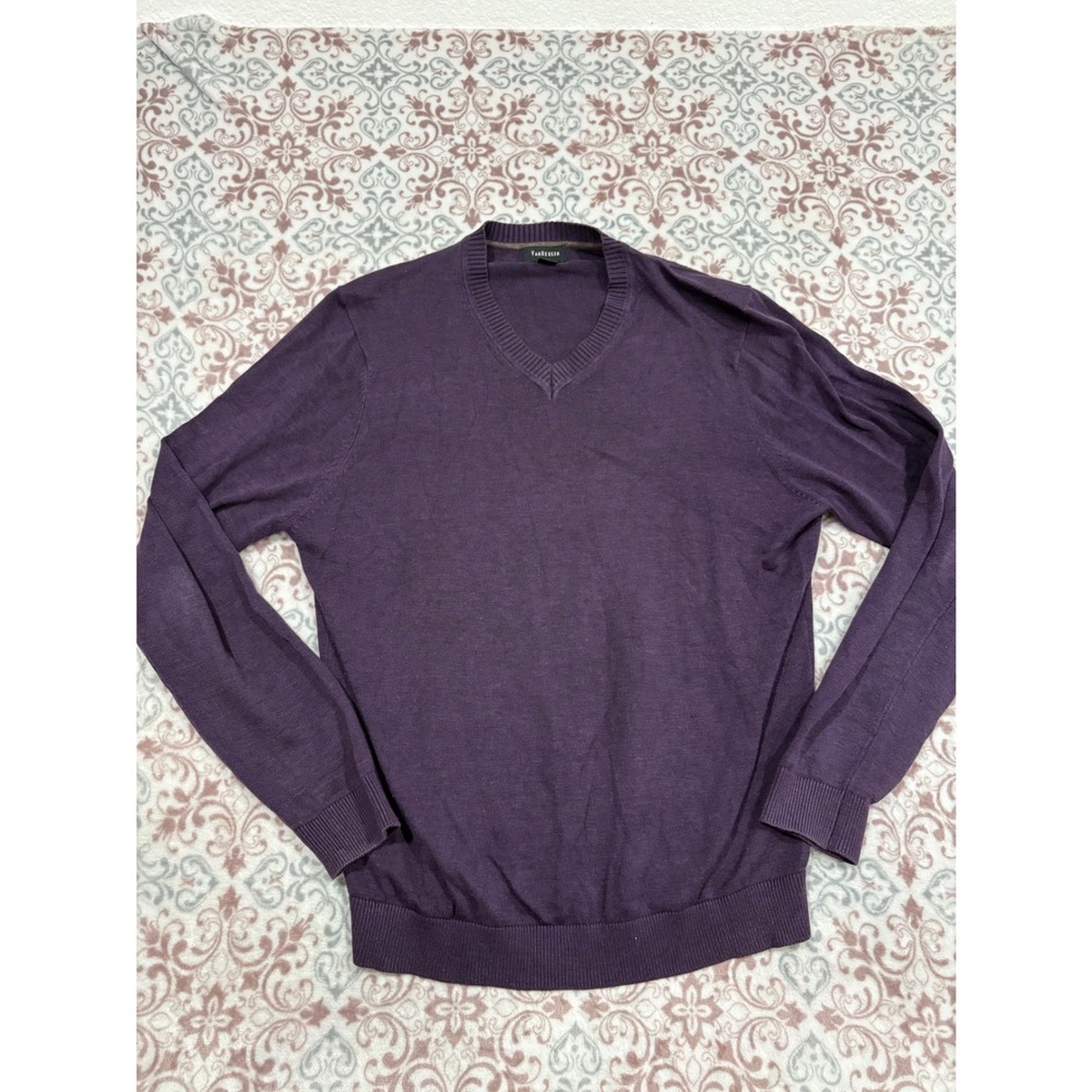 Van Heusen Mens Purple V-Neck Sweater Size M Cotton Blend Knit Pullover